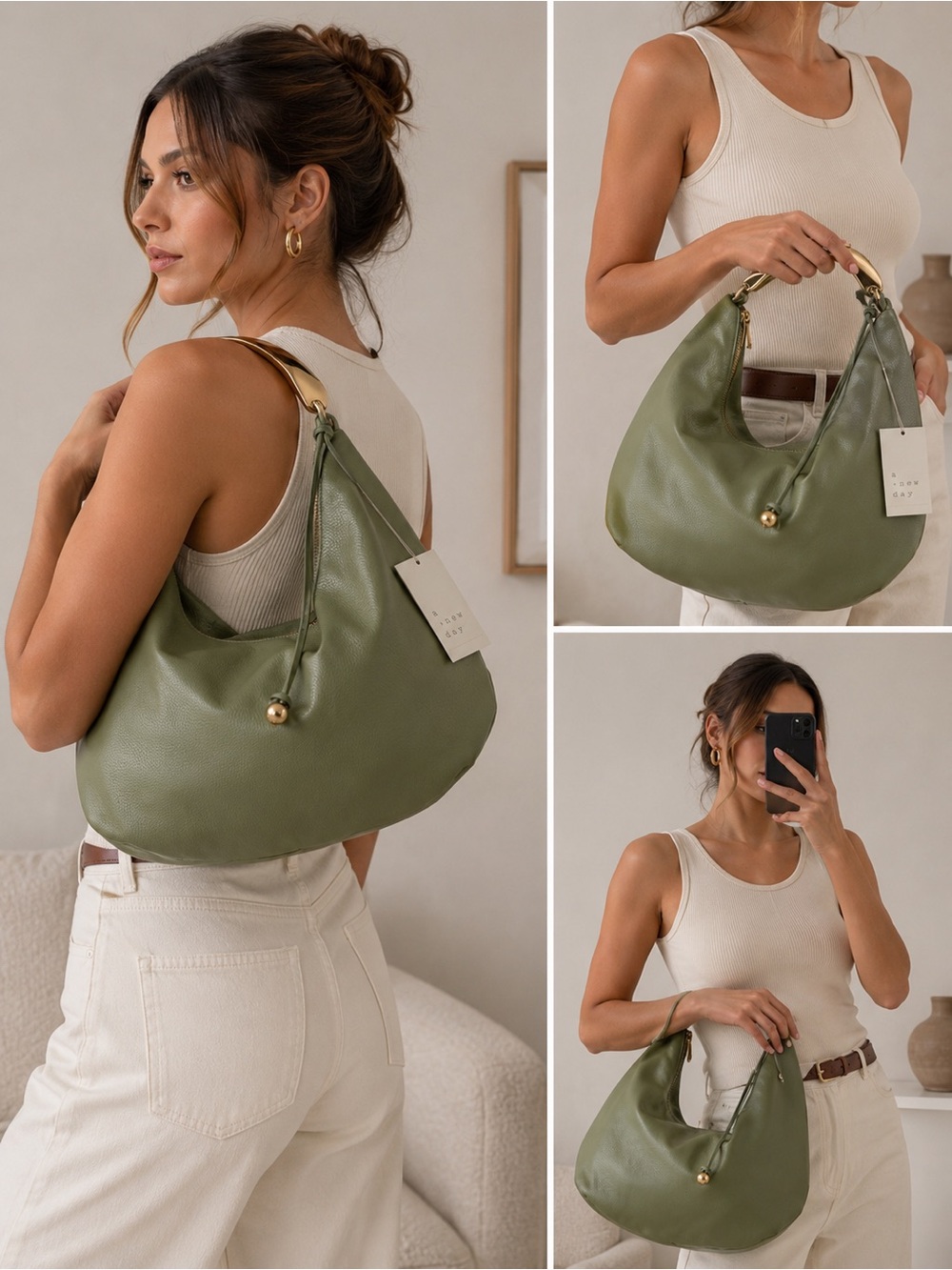 A New Day Green Hobo Shoulder Bag Gold Handle Slouchy Faux Leather Minimalist